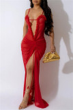 Red Sexy Solid See-through Backless Slit Spaghetti Strap Long Dresses