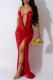 Red Sexy Solid See-through Backless Slit Spaghetti Strap Long Dresses