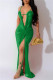 Green Sexy Solid See-through Backless Slit Spaghetti Strap Long Dresses