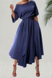 Blue Casual Solid Slit Oblique Collar A Line Dresses
