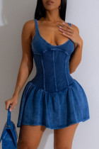 Blue Casual Solid Backless U Neck Vest Dresses