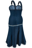 Deep Blue Elegant Tassel Patchwork Backless Contrast Asymmetrical Collar A Line Plus Size Dresses