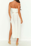 White Elegant Solid Hollowed Out Patchwork High Opening Strapless Sleeveless Two Pieces
