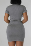 Grey Casual Solid Basic Zipper Collar Short Sleeve Short Sleeve Dress