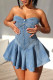 Light Blue Sexy Solid Patchwork Backless Zipper Strapless Sleeveless Boot Cut Denim Dresses