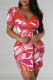 Red Casual Print Patchwork V Neck Short Sleeve Short Sleeve Dress