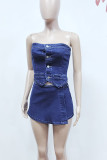 Blue Street Solid Draw String Pocket Buckle Strapless Sleeveless Two Pieces