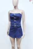 Blue Street Solid Draw String Pocket Buckle Strapless Sleeveless Two Pieces