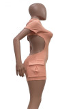 Tangerine Red Casual Solid Patchwork Pocket Backless O Neck Skinny Rompers
