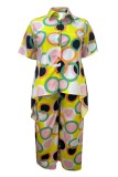 Multicolor Casual Print Buttons Shirt Collar Plus Size Two Pieces