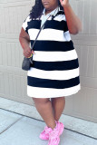 White Casual Striped Print Patchwork Turndown Collar Short Sleeve Plus Size Dresses