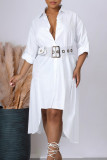 Cream White Sweet Solid Patchwork Buckle With Belt Turndown Collar Irregular Dresses