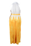 Yellow Casual Print Patchwork Turndown Collar Plus Size Jumpsuits