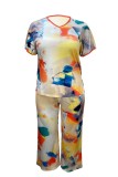 Yellow Casual Print Basic V Neck Plus Size Two Pieces