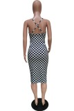 Black White Sexy Casual Plaid Print Backless Spaghetti Strap Sleeveless Dresses