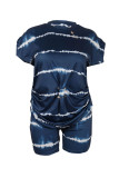 Navy Blue Casual Print Patchwork Basic O Neck Plus Size Two Pieces