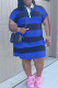 Blue Casual Striped Print Patchwork Turndown Collar Short Sleeve Plus Size Dresses