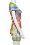 Green Sexy Print Patchwork O Neck Wrapped Skirt Dresses