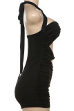 Black Sexy Solid Hollowed Out Patchwork Halter Skinny Rompers