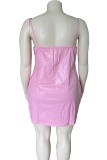 Pink Sexy Solid Backless Spaghetti Strap Wrapped Skirt Plus Size Dresses