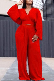 Red Casual Solid Patchwork V Neck Plus Size Two Pieces