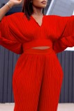 Red Casual Solid Patchwork V Neck Plus Size Two Pieces