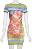 Green Sexy Print Patchwork O Neck Wrapped Skirt Dresses
