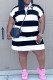 White Casual Striped Print Patchwork Turndown Collar Short Sleeve Plus Size Dresses