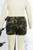 Ink Green Casual Camouflage Print Patchwork Skinny High Waist Conventional Patchwork Shorts