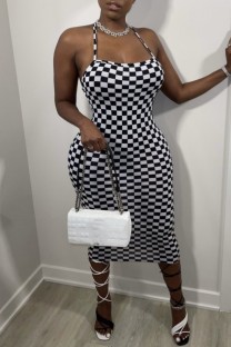 Black White Sexy Casual Plaid Print Backless Spaghetti Strap Sleeveless Dresses