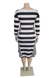 Black And White Casual Striped Print Patchwork Off the Shoulder Long Sleeve Plus Size Dresses