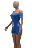 Brown Casual Patchwork Draw String Contrast Off the Shoulder Skinny Rompers