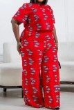 Red Casual Print Basic O Neck Plus Size Two Pieces