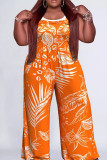 Tangerine Red Casual Solid Backless Spaghetti Strap Plus Size Jumpsuits