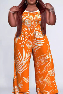 Orange Casual Solid Backless Spaghetti Strap Plus Size Jumpsuits