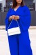 Blue Casual Solid Patchwork V Neck Plus Size Two Pieces