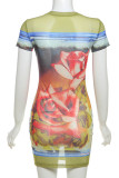 Green Sexy Print Patchwork O Neck Wrapped Skirt Dresses