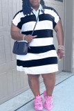 White Casual Striped Print Patchwork Turndown Collar Short Sleeve Plus Size Dresses