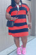Red Casual Striped Print Patchwork Turndown Collar Short Sleeve Plus Size Dresses
