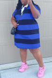 Blue Casual Striped Print Patchwork Turndown Collar Short Sleeve Plus Size Dresses