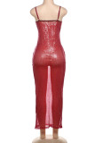 Red Elegant Floral Sequins Patchwork Spaghetti Strap Sling Dresses