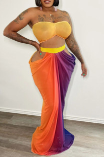 Tangerine Sexy Gradient Hollowed Out Patchwork Swimwears Cover Up