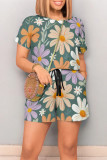 Colour Casual Print Graffiti Pocket O Neck Loose Rompers