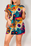 Colour Casual Print Graffiti Pocket O Neck Loose Rompers