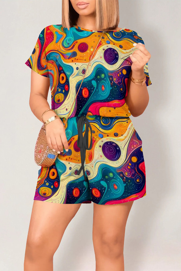 Colour Casual Print Graffiti Pocket O Neck Loose Rompers