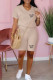 Beige Casual Print Patchwork Draw String Pocket V Neck Short Sleeve Two Pieces