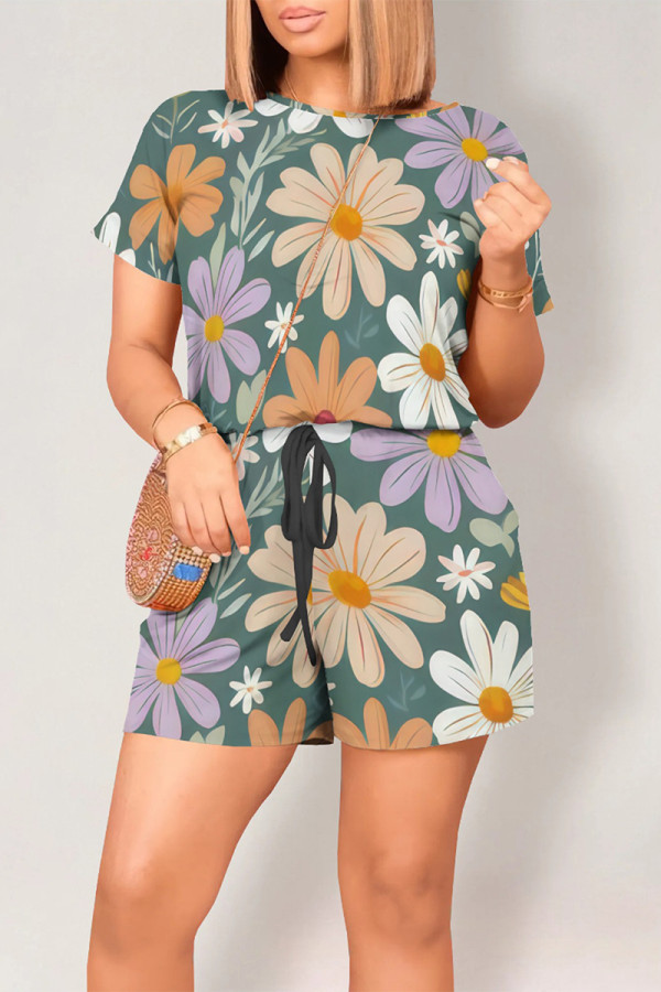 Cyan Casual Print Graffiti Pocket O Neck Loose Rompers