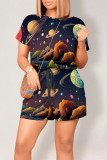Colour Casual Print Graffiti Pocket O Neck Loose Rompers