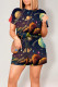 Blue Casual Print Graffiti Pocket O Neck Loose Rompers