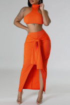 Orange Casual Solid Bandage Patchwork Backless Slit Turtleneck Sleeveless Two Pieces
